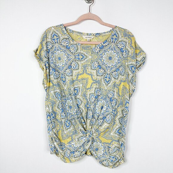 2/$30 Lucky Brand Twist Front Medallion Print Tee Cap Sleeve Mustard Large #BAG2 - Picture 5 of 11
